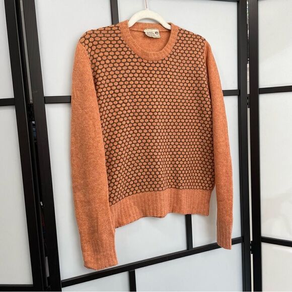 [L] Vintage Murray Brothers Scottish Wool Knit Sweater Orange & Brown 70s Print - Picture 2 of 15